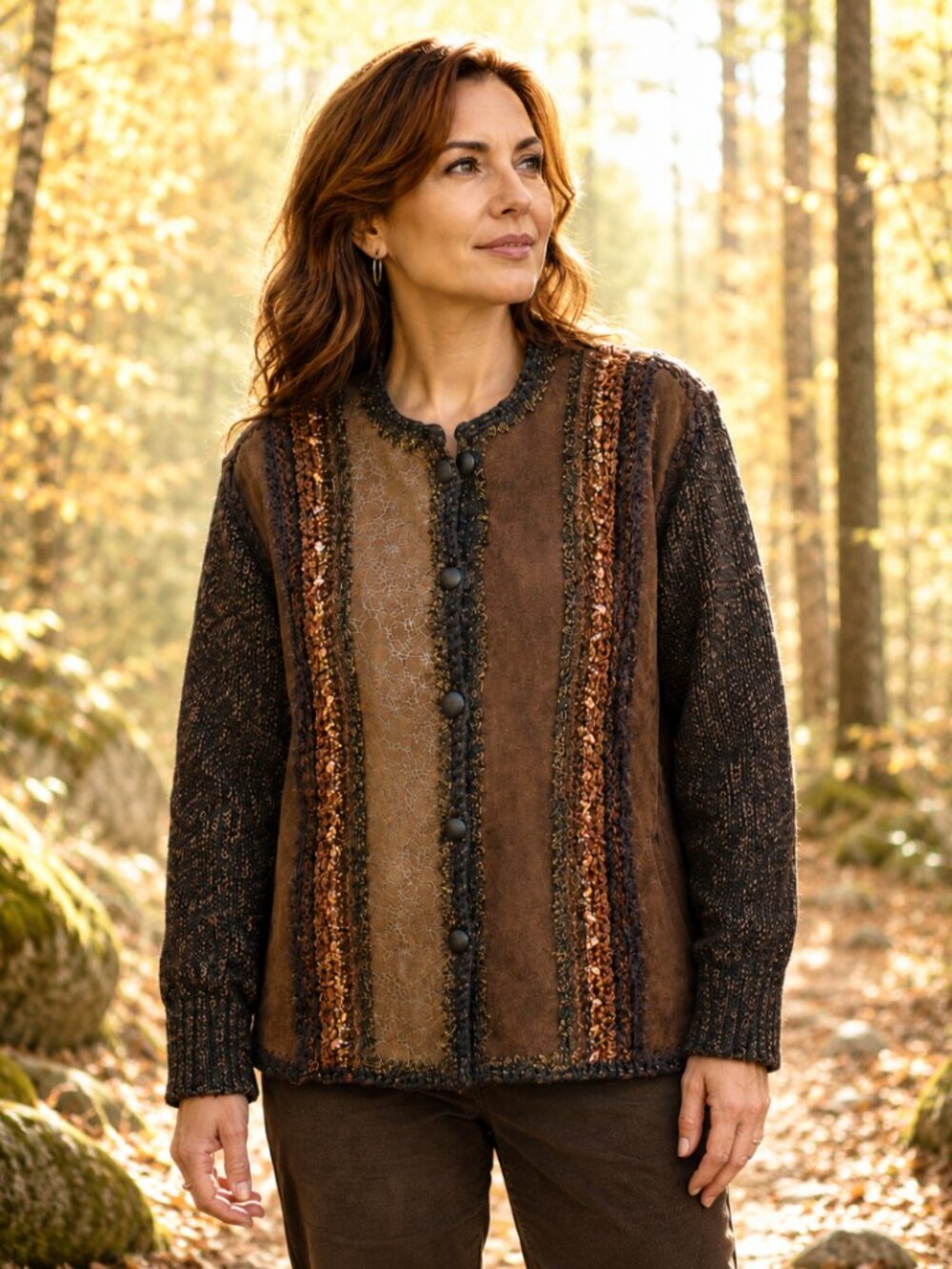 Rare Suede Mixed Knit Jacket Medium MM Couture Canadian Artisan Y2K Brown Boho